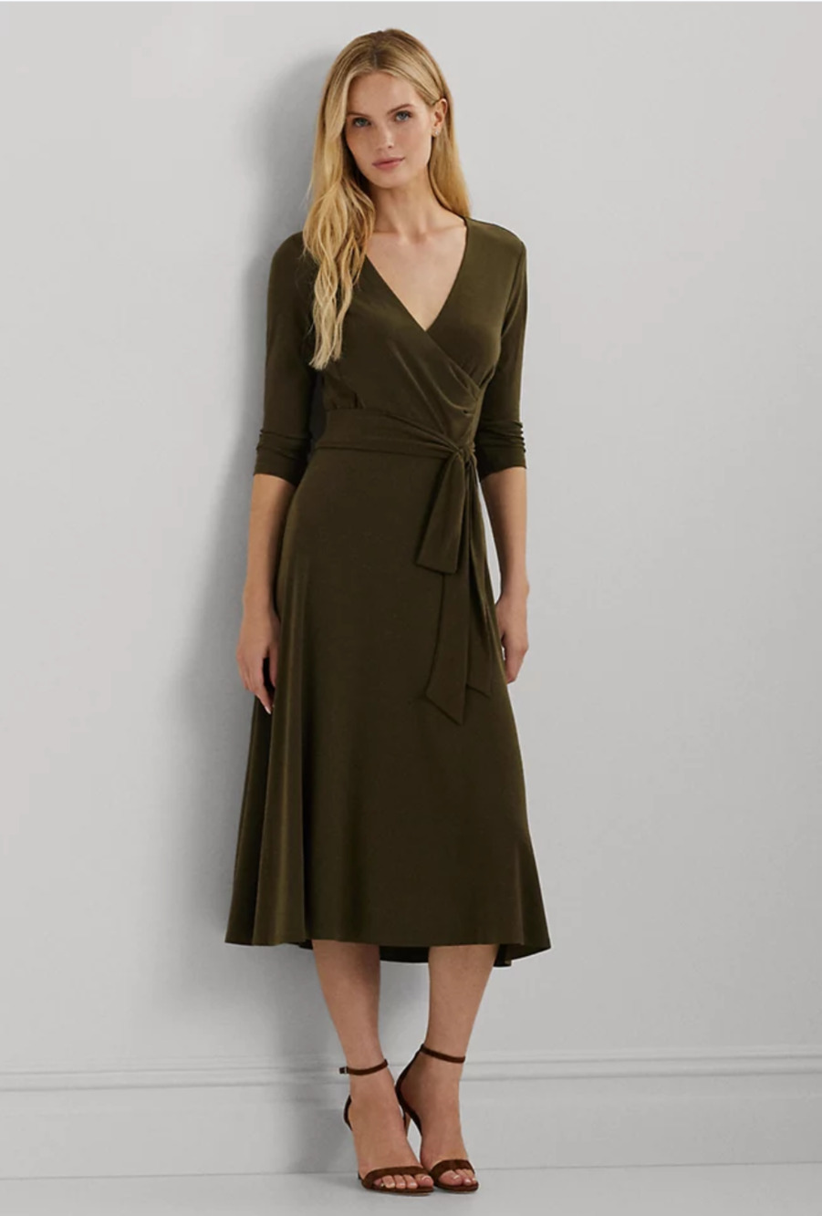 Lauren Ralph Lauren Women Surplice Jersey Dress Botanic Green Size 14